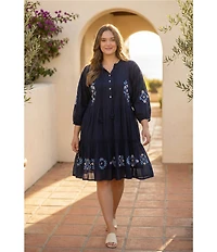 Karen Kane Plus Size Embriordered Lace Trim Tiered Shift Dress
