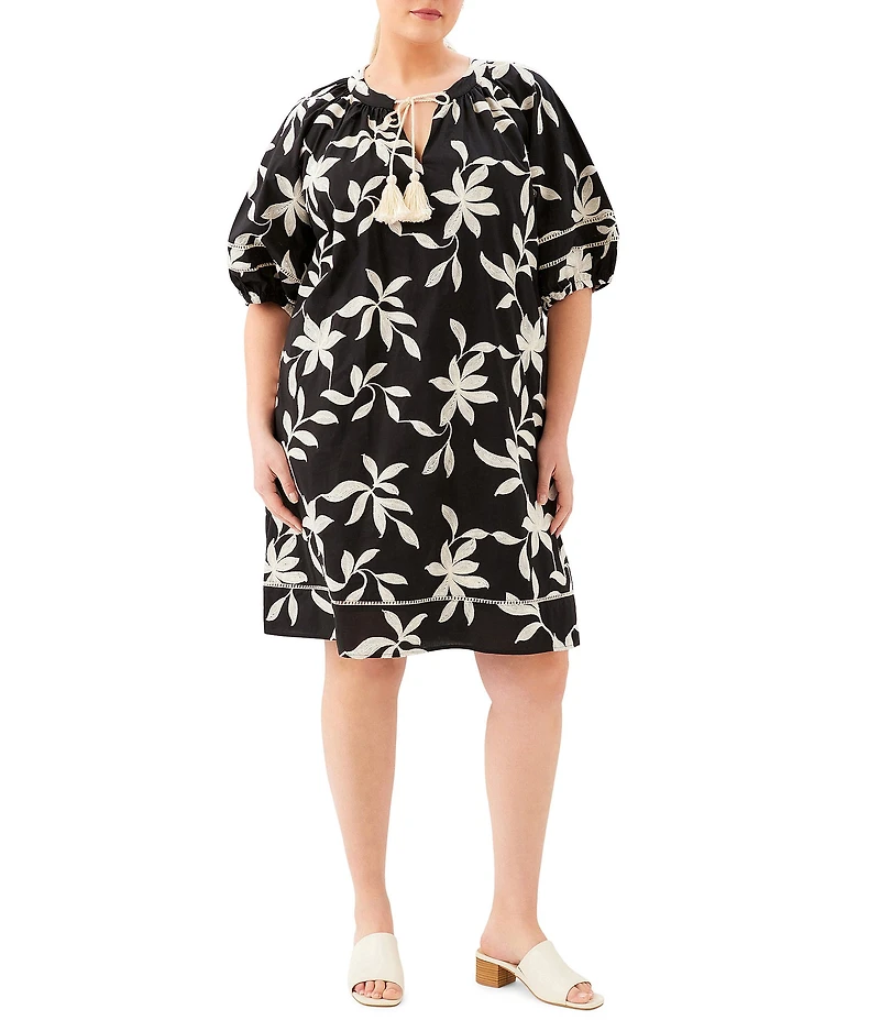 Karen Kane Plus Size Embroidered Bold Floral Split V-Neck Elbow Sleeve Tassel Tie Shift Dress