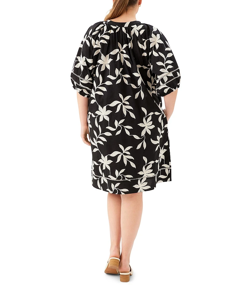 Karen Kane Plus Size Embroidered Bold Floral Split V-Neck Elbow Sleeve Tassel Tie Shift Dress