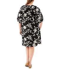 Karen Kane Plus Size Embroidered Bold Floral Split V-Neck Elbow Sleeve Tassel Tie Shift Dress