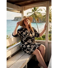 Karen Kane Plus Size Embroidered Bold Floral Split V-Neck Elbow Sleeve Tassel Tie Shift Dress