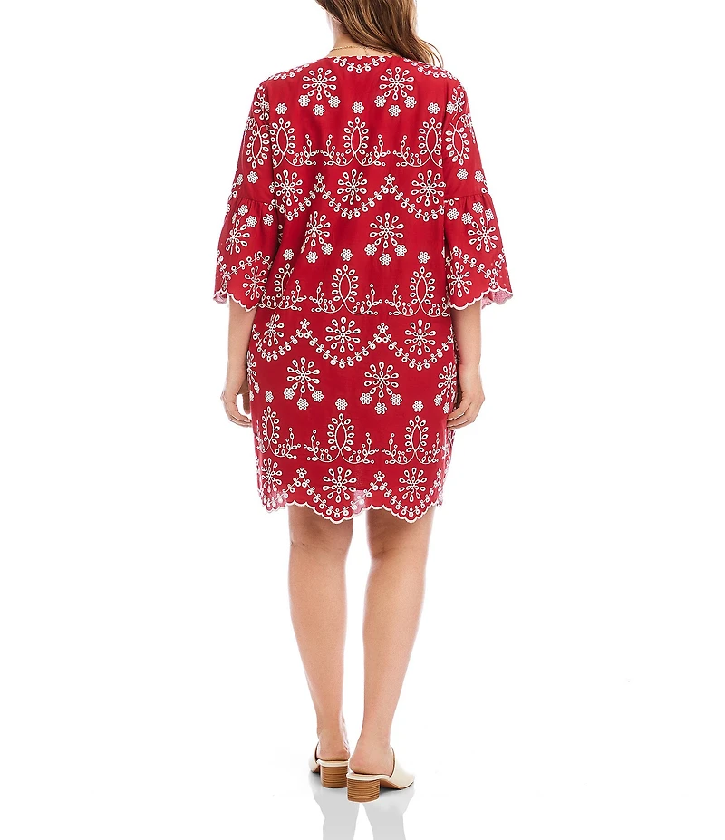 Karen Kane Plus Size Embroidered Cotton Eyelet V-Neck 3/4 Sleeve Shift Dress