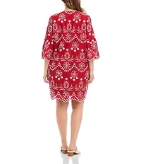 Karen Kane Plus Size Embroidered Cotton Eyelet V-Neck 3/4 Sleeve Shift Dress