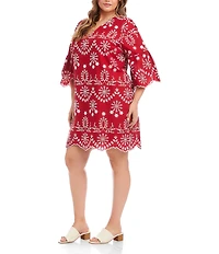 Karen Kane Plus Size Embroidered Cotton Eyelet V-Neck 3/4 Sleeve Shift Dress