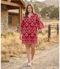 Karen Kane Plus Size Embroidered Cotton Eyelet V-Neck 3/4 Sleeve Shift Dress