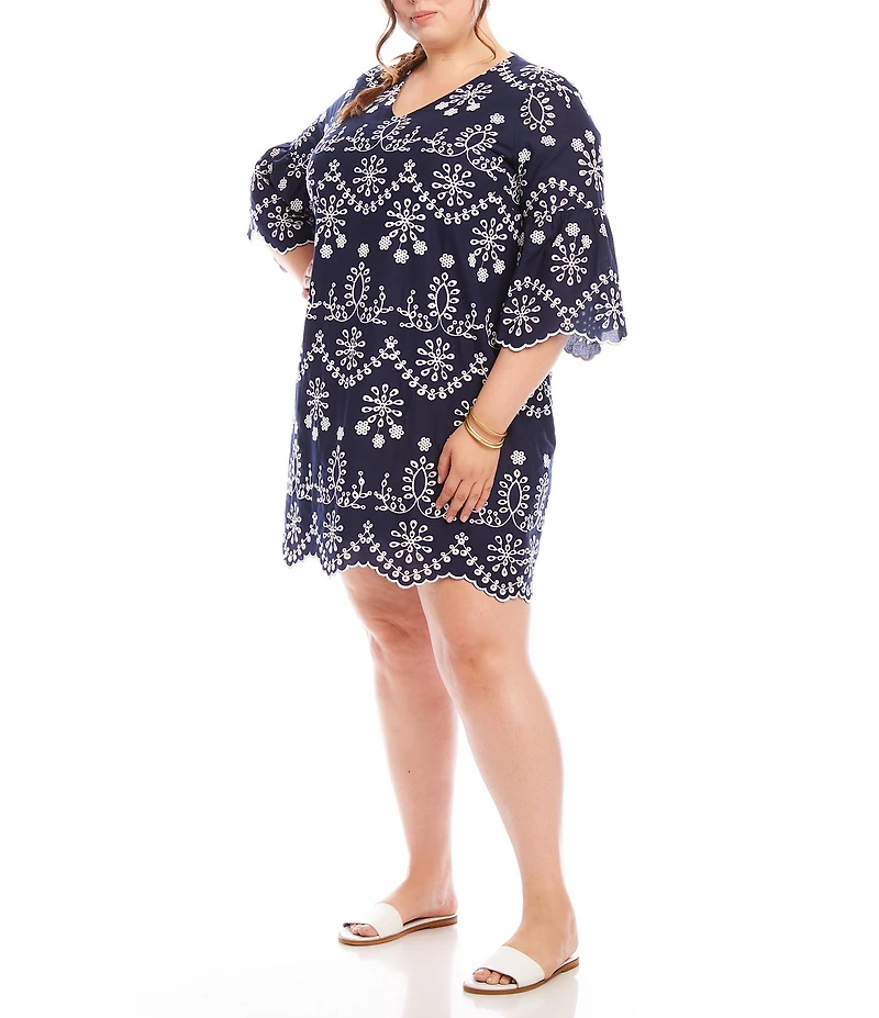 Karen Kane Plus Size Embroidered Eyelet V-Neck 3/4 Sleeve Sheath Dress