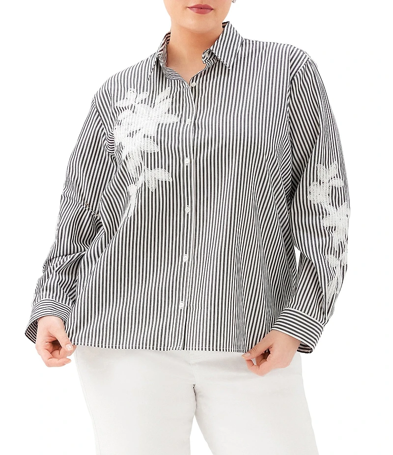 Karen Kane Plus Size Embroidered Floral Yarn Dye Stripe Point Collar Long Sleeve Button Front Shirt