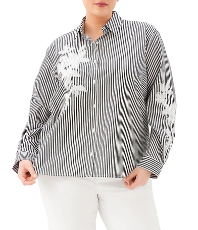 Karen Kane Plus Size Embroidered Floral Yarn Dye Stripe Point Collar Long Sleeve Button Front Shirt
