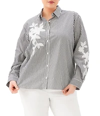 Karen Kane Plus Size Embroidered Floral Yarn Dye Stripe Point Collar Long Sleeve Button Front Shirt