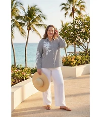 Karen Kane Plus Size Embroidered Floral Yarn Dye Stripe Point Collar Long Sleeve Button Front Shirt