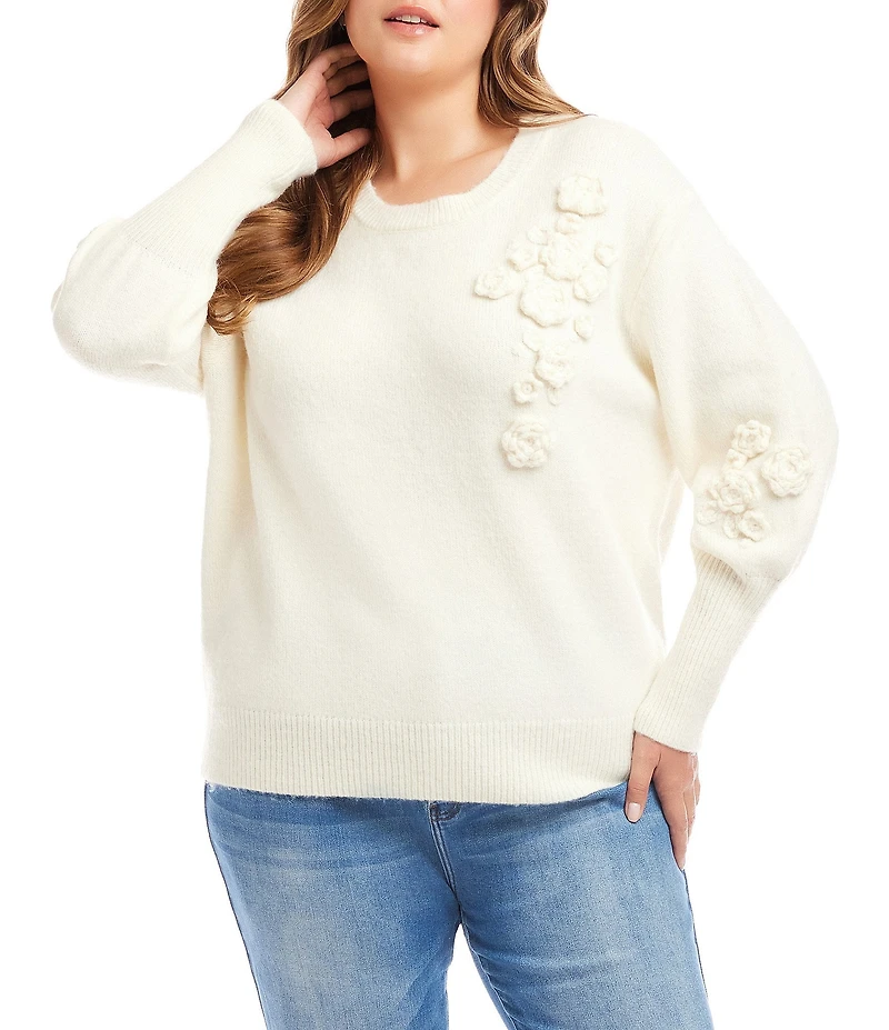 Karen Kane Plus Size Embroidered Flower Applique Crew Neck Sweater