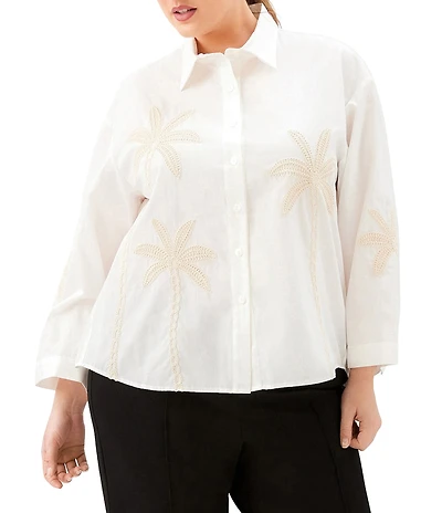 Karen Kane Plus Size Embroidered Palm Tree Button-Front Shirt