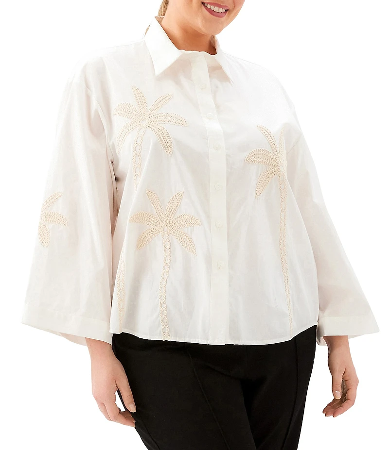 Karen Kane Plus Size Embroidered Palm Tree Button-Front Shirt