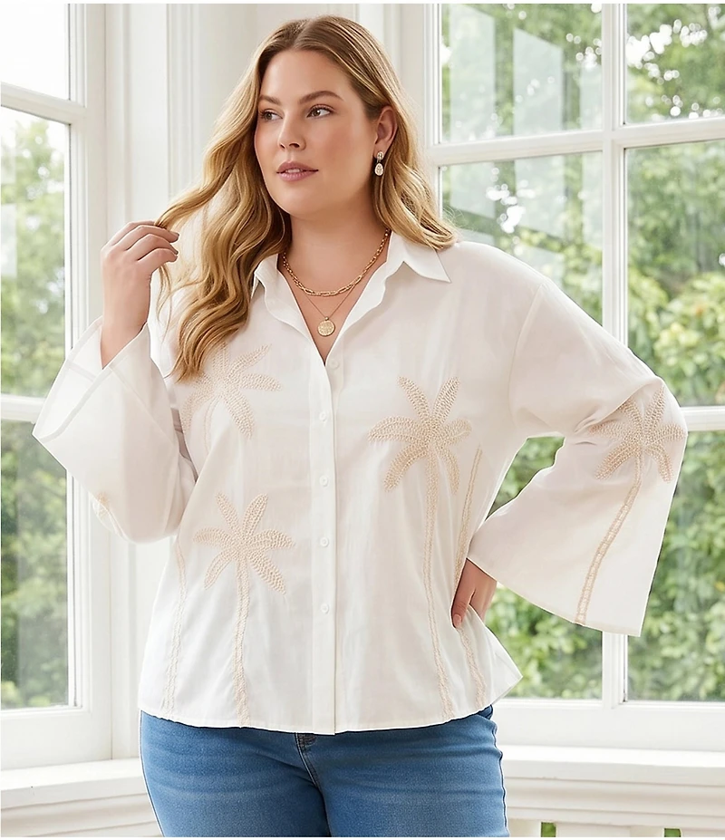 Karen Kane Plus Size Embroidered Palm Tree Button-Front Shirt
