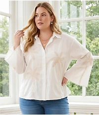 Karen Kane Plus Size Embroidered Palm Tree Button-Front Shirt