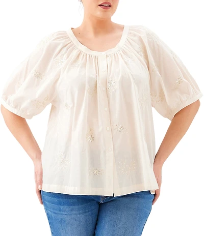 Karen Kane Plus Size Embroidered Scoop Neck Short Sleeve Button-Front Peasant Top