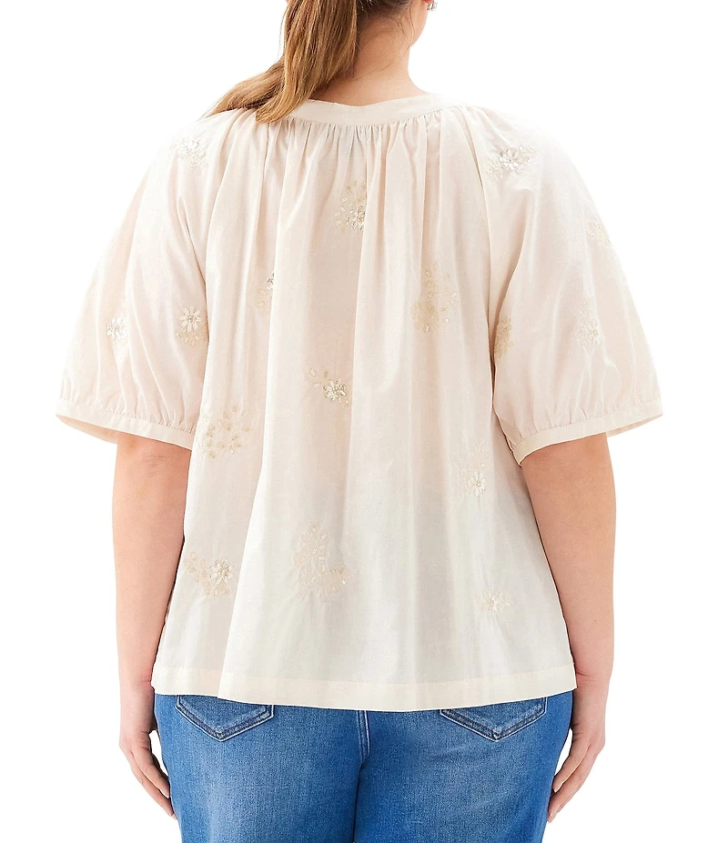 Karen Kane Plus Size Embroidered Scoop Neck Short Sleeve Button-Front Peasant Top
