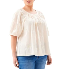 Karen Kane Plus Size Embroidered Scoop Neck Short Sleeve Button-Front Peasant Top