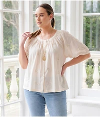 Karen Kane Plus Size Embroidered Scoop Neck Short Sleeve Button-Front Peasant Top