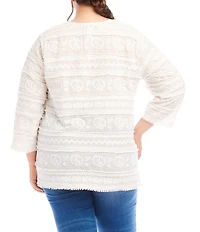 Karen Kane Plus Size Embroidered Split-Neck 3/4 Flare Sleeve Tunic