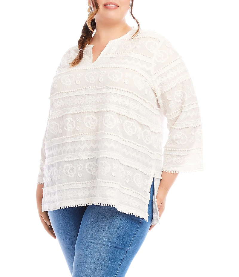 Karen Kane Plus Size Embroidered Split-Neck 3/4 Flare Sleeve Tunic