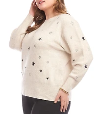 Karen Kane Plus Size Wool Blend Embroidered Star Crew Neck Long Sleeve Pullover