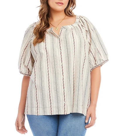 Karen Kane Plus Size Embroidered Stripe Scoop Neck Short Puff Sleeve Button-Front Coordinating Top