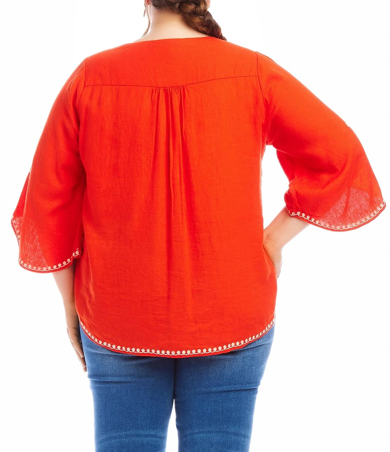 Karen Kane Plus Size Embroidered V-Neck 3/4 Flare Sleeve Asymmetrical Top