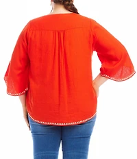 Karen Kane Plus Size Embroidered V-Neck 3/4 Flare Sleeve Asymmetrical Top
