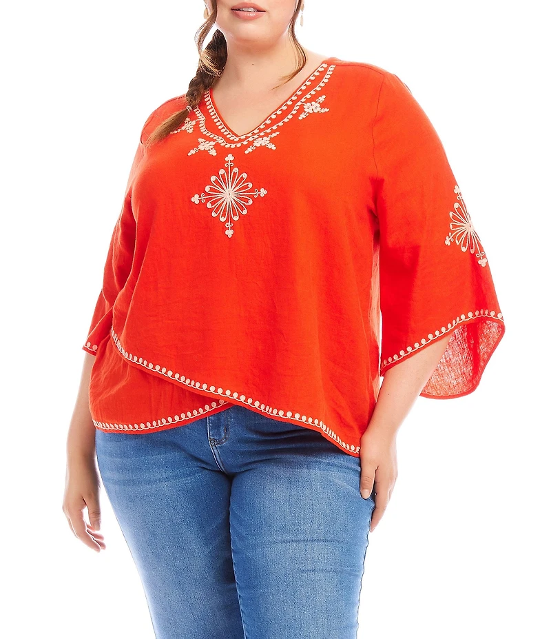 Karen Kane Plus Size Embroidered V-Neck 3/4 Flare Sleeve Asymmetrical Top