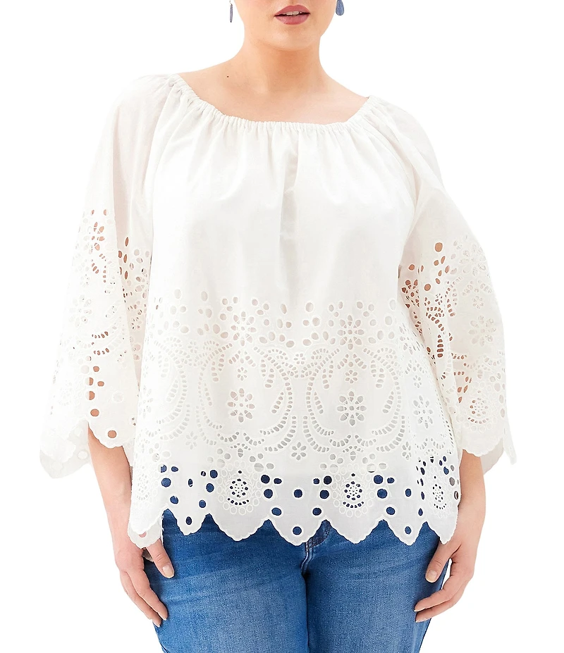 Karen Kane Plus Size Embroidery Cut-Out Scoop Neck 3/4 Sleeve Peasant Top
