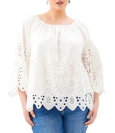 Karen Kane Plus Size Embroidery Cut-Out Scoop Neck 3/4 Sleeve Peasant Top