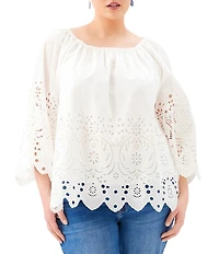 Karen Kane Plus Size Embroidery Cut-Out Scoop Neck 3/4 Sleeve Peasant Top