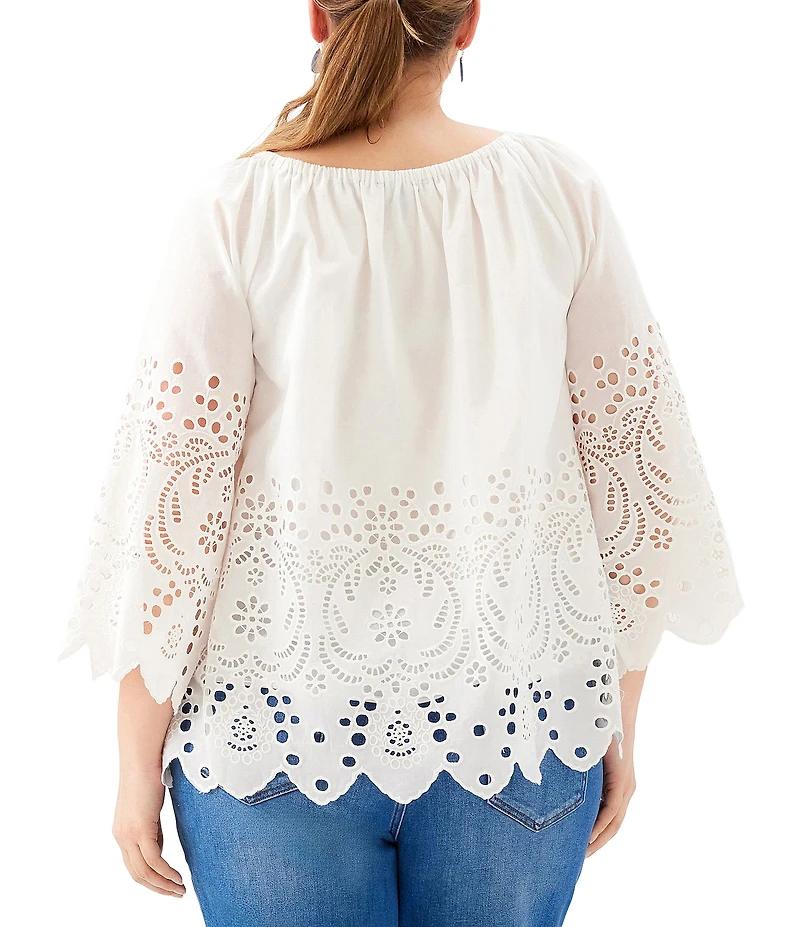 Karen Kane Plus Size Embroidery Cut-Out Scoop Neck 3/4 Sleeve Peasant Top