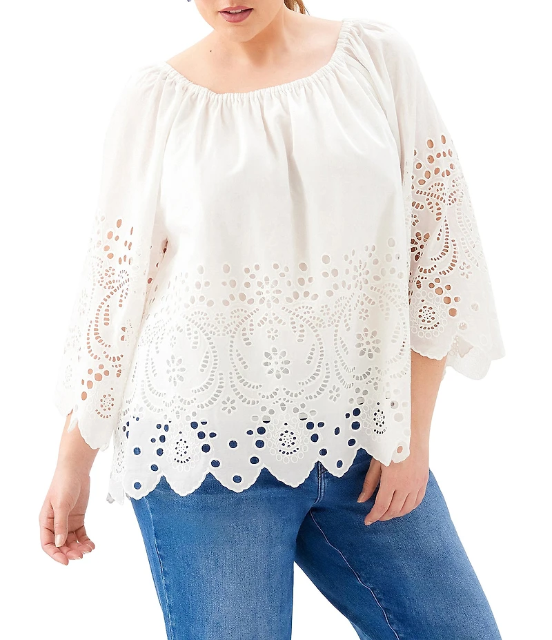 Karen Kane Plus Size Embroidery Cut-Out Scoop Neck 3/4 Sleeve Peasant Top