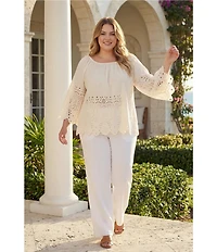 Karen Kane Plus Size Embroidery Cut-Out Scoop Neck 3/4 Sleeve Peasant Top