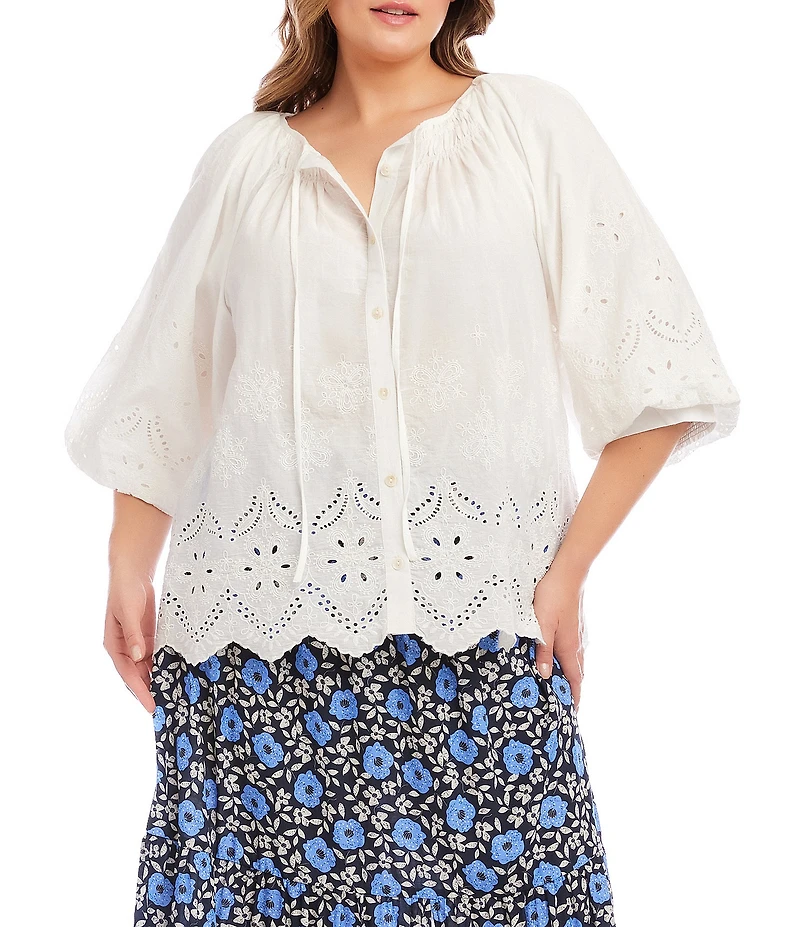Karen Kane Plus Size Eyelet Embroidered 3/4 Puff Sleeve Tie Neck Top