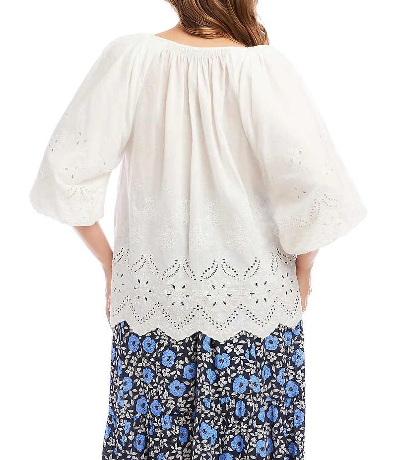 Karen Kane Plus Size Eyelet Embroidered 3/4 Puff Sleeve Tie Neck Top