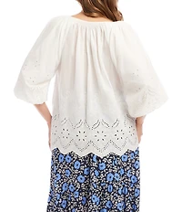 Karen Kane Plus Size Eyelet Embroidered 3/4 Puff Sleeve Tie Neck Top