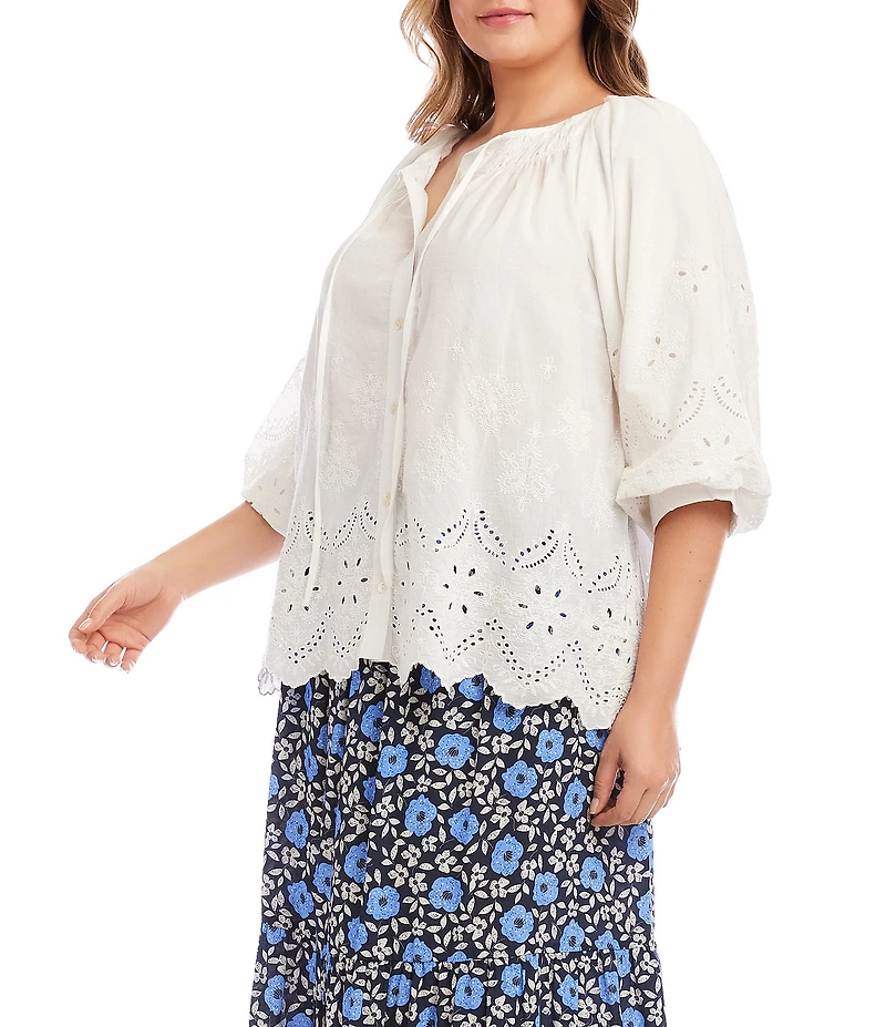 Karen Kane Plus Size Eyelet Embroidered 3/4 Puff Sleeve Tie Neck Top