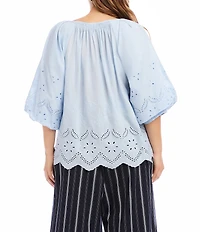 Karen Kane Plus Size Eyelet Embroidered 3/4 Puff Sleeve Tie Neck Top