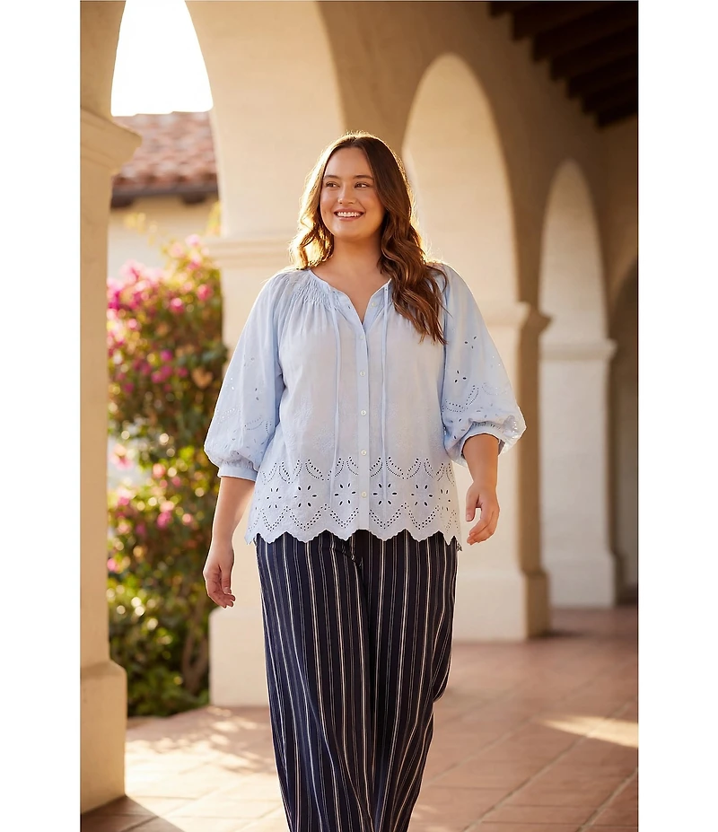 Karen Kane Plus Size Eyelet Embroidered 3/4 Puff Sleeve Tie Neck Top