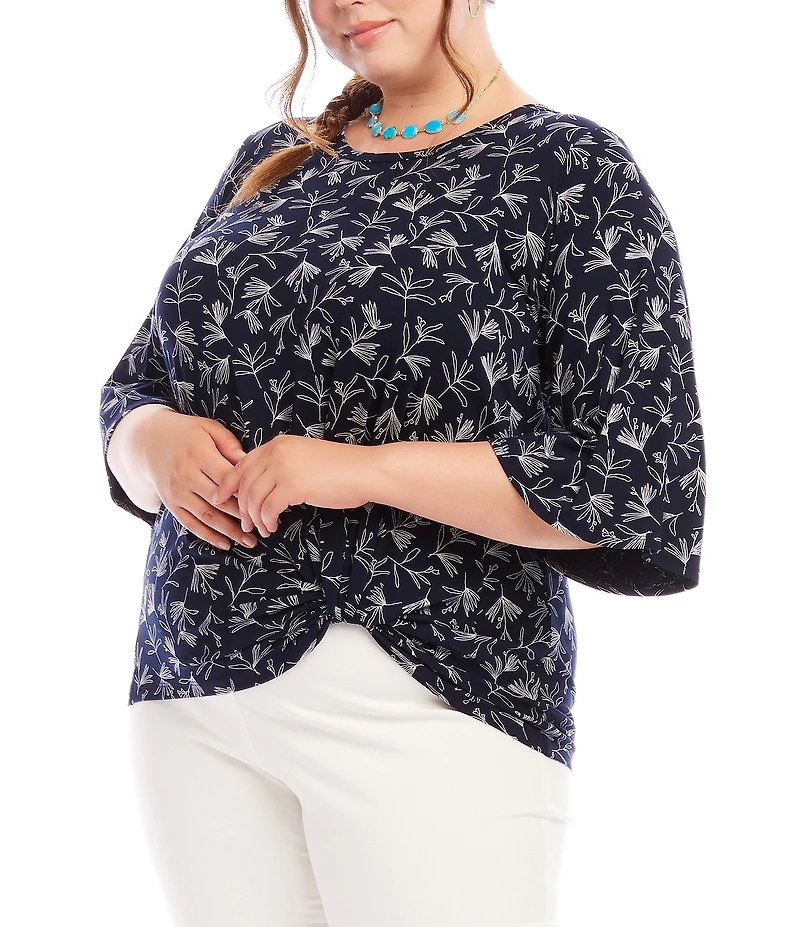 Karen Kane Plus Size Floral Crew Neck 3/4 Flare Sleeve Pick-Up Top
