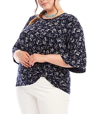 Karen Kane Plus Size Floral Crew Neck 3/4 Flare Sleeve Pick-Up Top