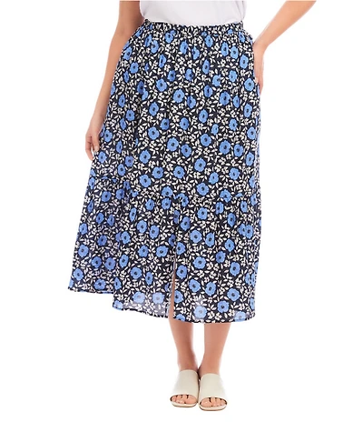 Karen Kane Plus Size Floral Front Slit A-Line Pull-On Midi Skirt