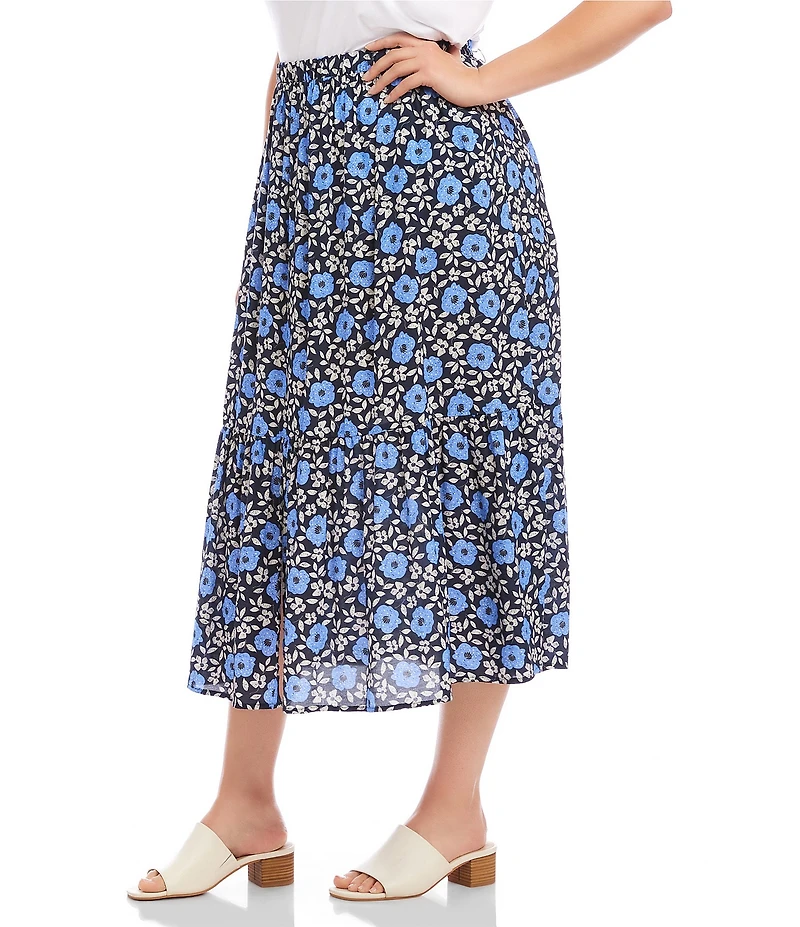 Karen Kane Plus Size Floral Front Slit A-Line Pull-On Midi Skirt