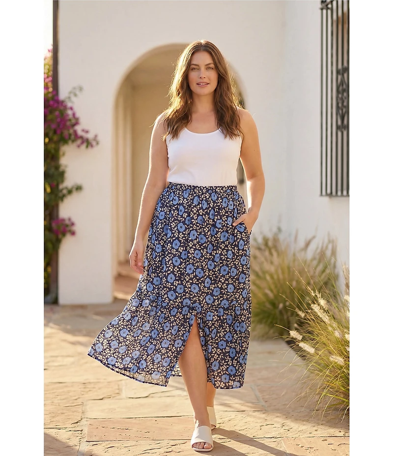 Karen Kane Plus Size Floral Front Slit A-Line Pull-On Midi Skirt