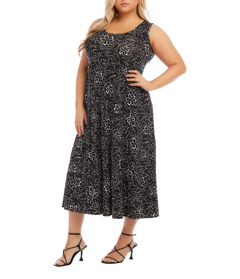 Karen Kane Plus Size Floral Print Scoop Neck Sleeveless Tiered Midi Dress