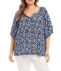 Karen Kane Plus Size Floral Scoop Neck 3/4 Sleeve Peasant Top