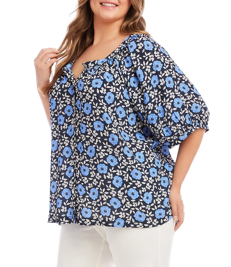Karen Kane Plus Size Floral Scoop Neck 3/4 Sleeve Peasant Top